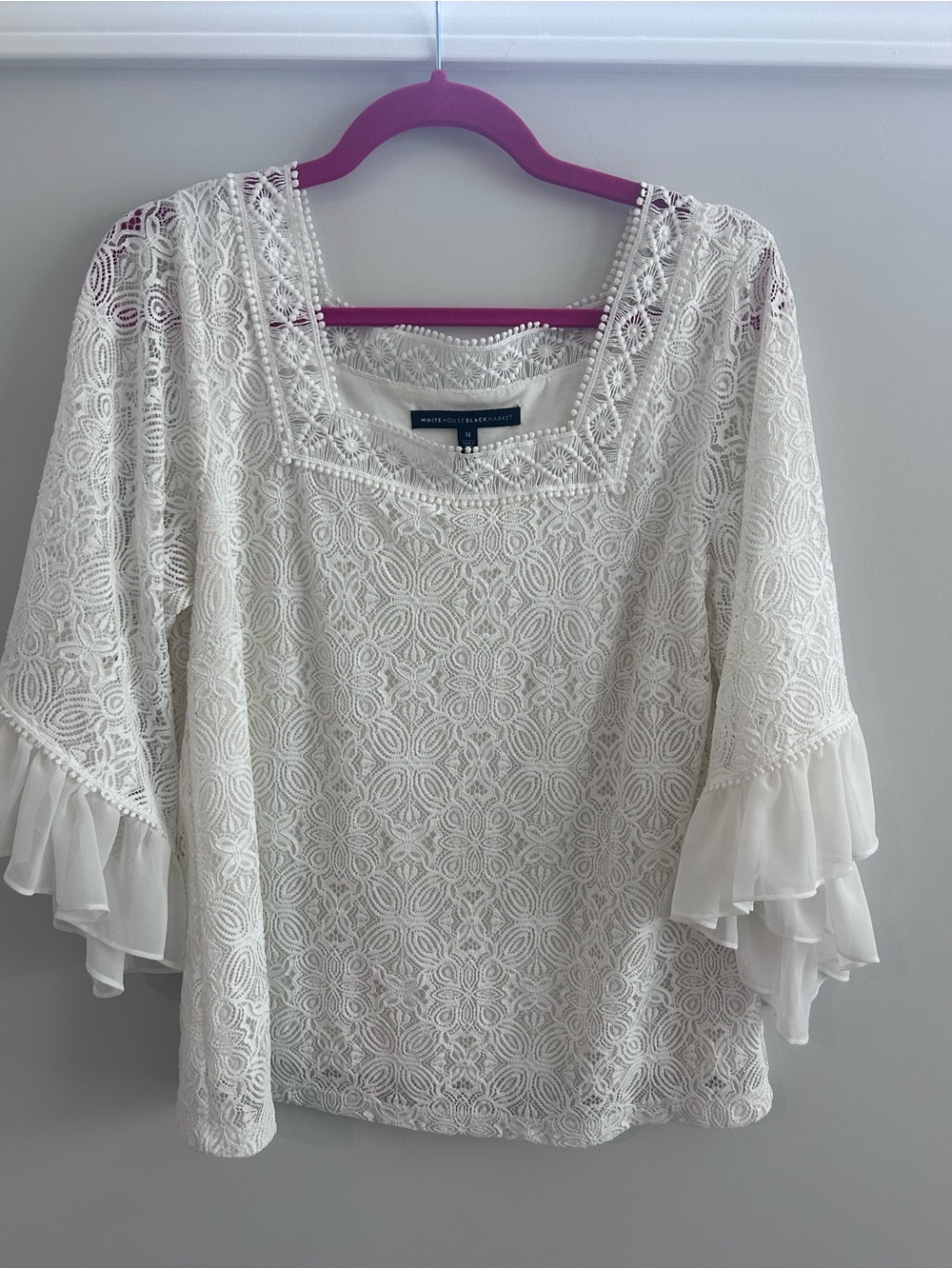 White House Black Market Ivory Lace Square-Neck Bell Sleeve Blouse-Medium
